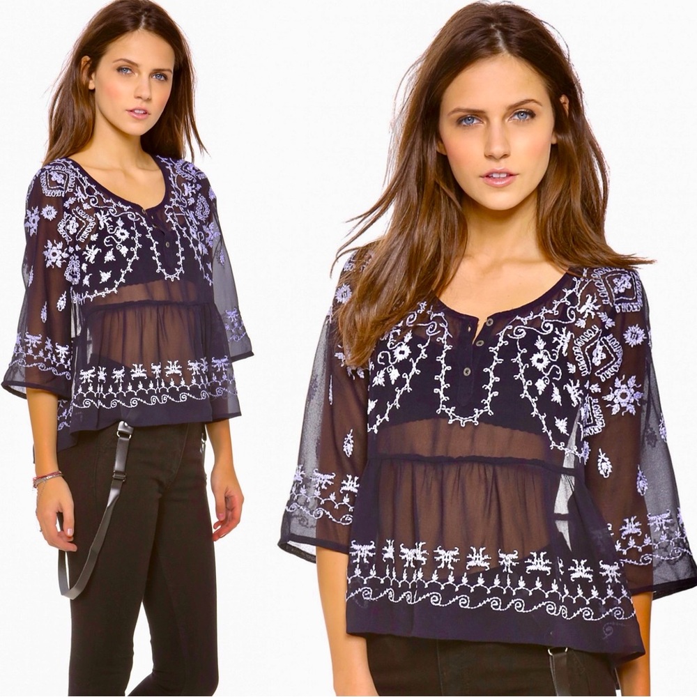 πΊπHPππΊ NWT Free People Pennies Sequel Embroidered Blouse - Picture 6 of 16